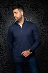 Veste sport bleu marine à manches longues, quart de fermeture éclair, col montant pour homme par Au Noir, vue de face
