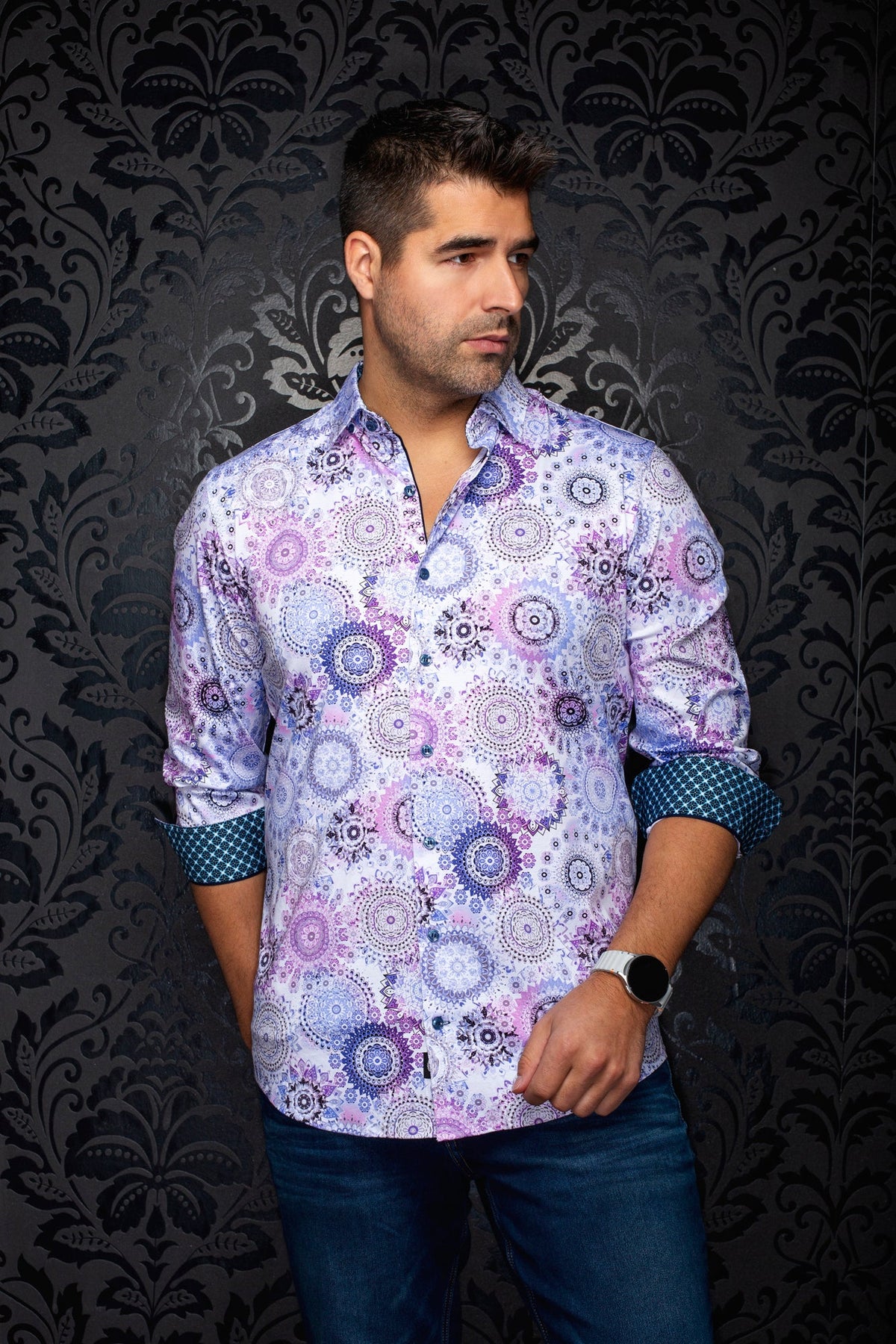 Chemise manches longues en Knit extensible pour homme par Au Noir | COSMOCLOCK Rose | Machemise.ca, inventaire complet de la marque Au Noir