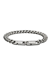 Bracelet gourmette argenté isolé avec maillons polis, fermoir avant et plaques Au Noir gravées pour homme