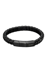 Bracelet noir tressé avec fermoir rectangulaire à logo, montré en vue produit isolée pour homme par Au Noir