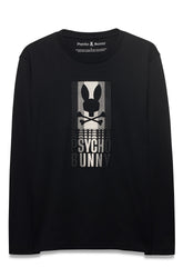 Vue de face d’un T-Shirt noir à manches longues avec blanc et graphique Psycho Bunny gris pour homme