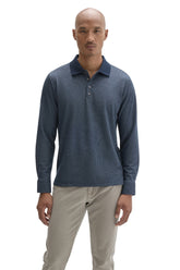 Vue de face du polo bleu texturé à manches longues, patte boutonnée et col côtelé foncé pour homme par Robert Barakett