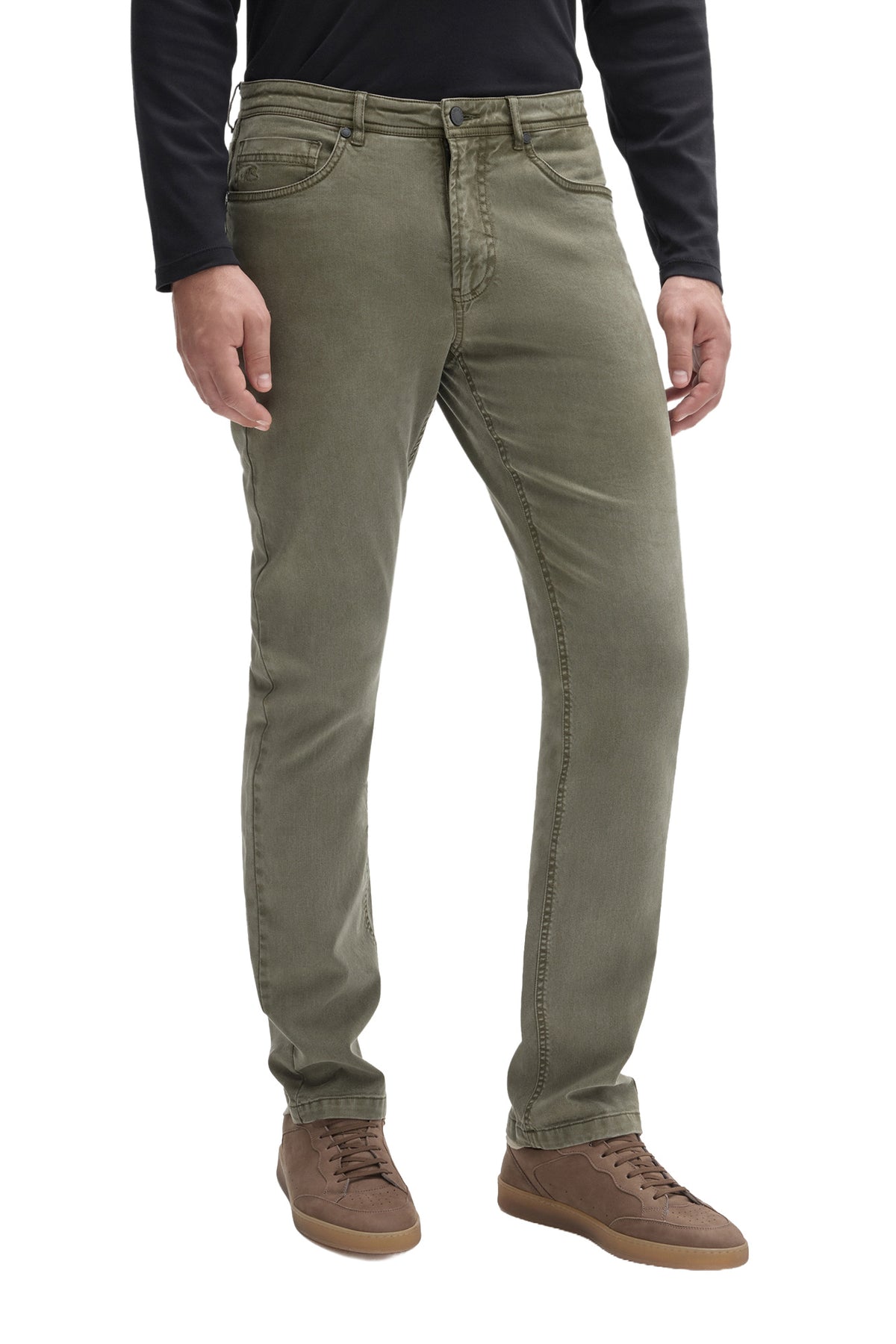 Pantalon jambe droite droit vert olive à cinq poches avec bouton à la taille pour homme par Robert Barakett, de face
