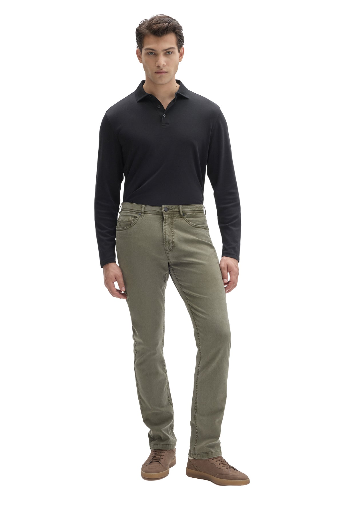 Pantalon jambe droite droit vert olive avec style cinq poches et ourlets surpiqués pour homme par Robert Barakett, de face