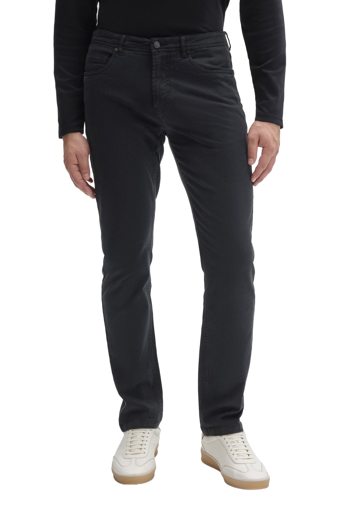 Pantalon jambe droite droit charbon foncé à cinq poches avec braguette boutonnée pour homme par Robert Barakett, de face