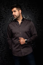Chemise boutonnée noire à micro-motif géométrique, vue de face avec manches longues pour homme par Au Noir