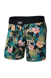 Vue avant isolée du sous-vêtement noir à imprimé tropical avec ceinture logo SAXX pour homme