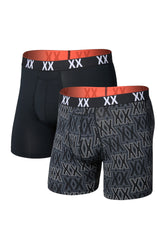 Front view of men's two black boxer underwear, one solid and one XX print, with logo elastic waistband by Saxx