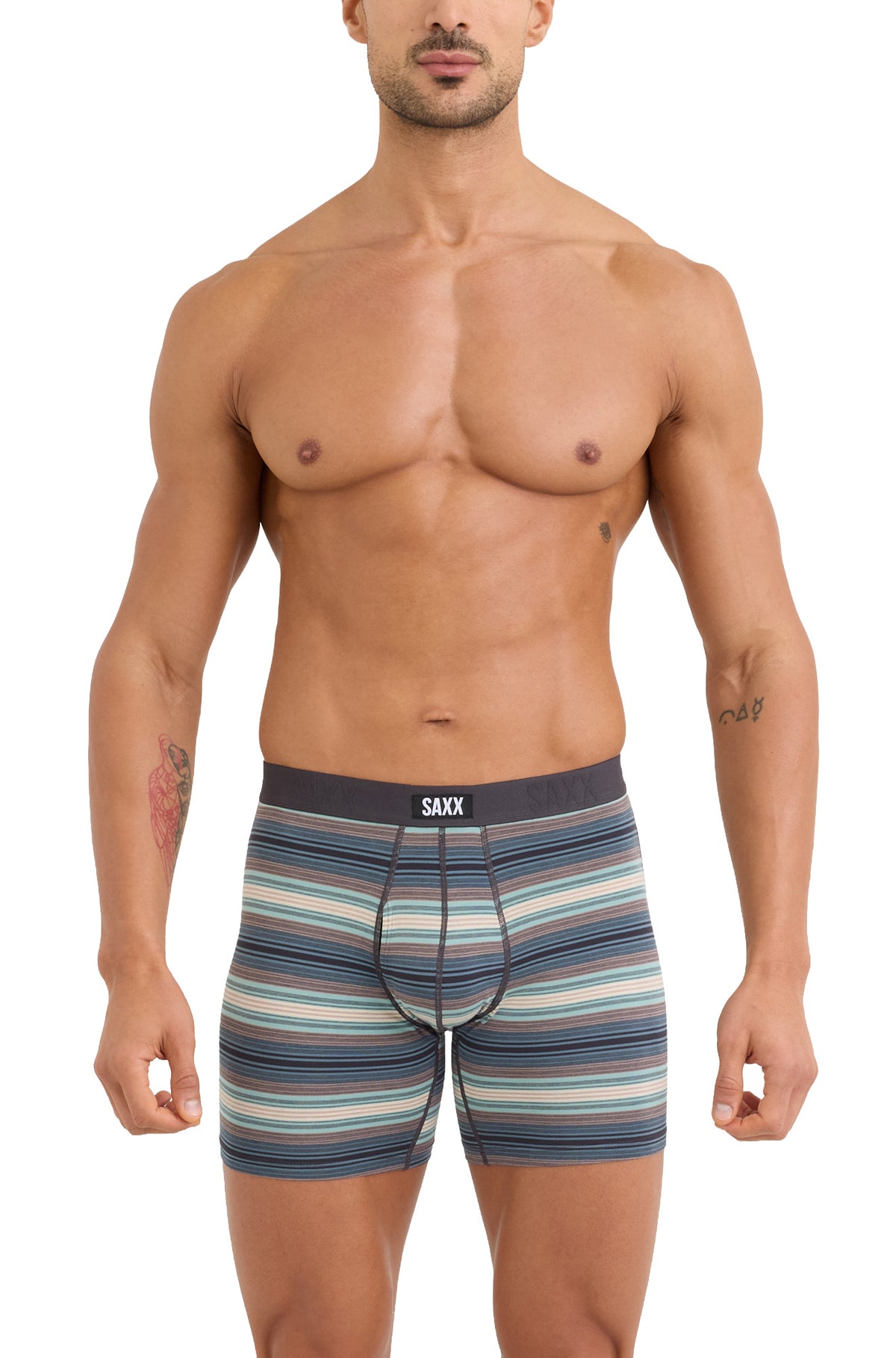 Vue avant du sous-vêtement ajusté rayé sarcelle avec coutures devant et ceinture noire SAXX pour homme