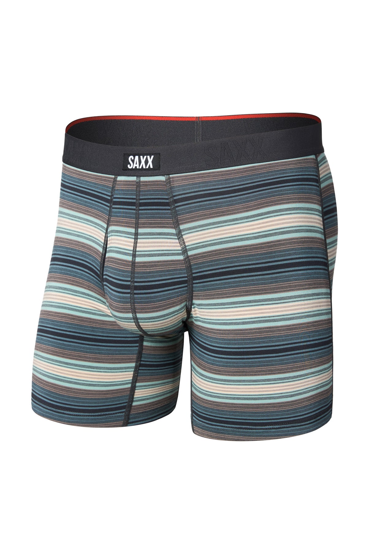 Vue avant isolée du sous-vêtement ajusté rayé sarcelle avec poche et ceinture noire à logo pour homme par Saxx