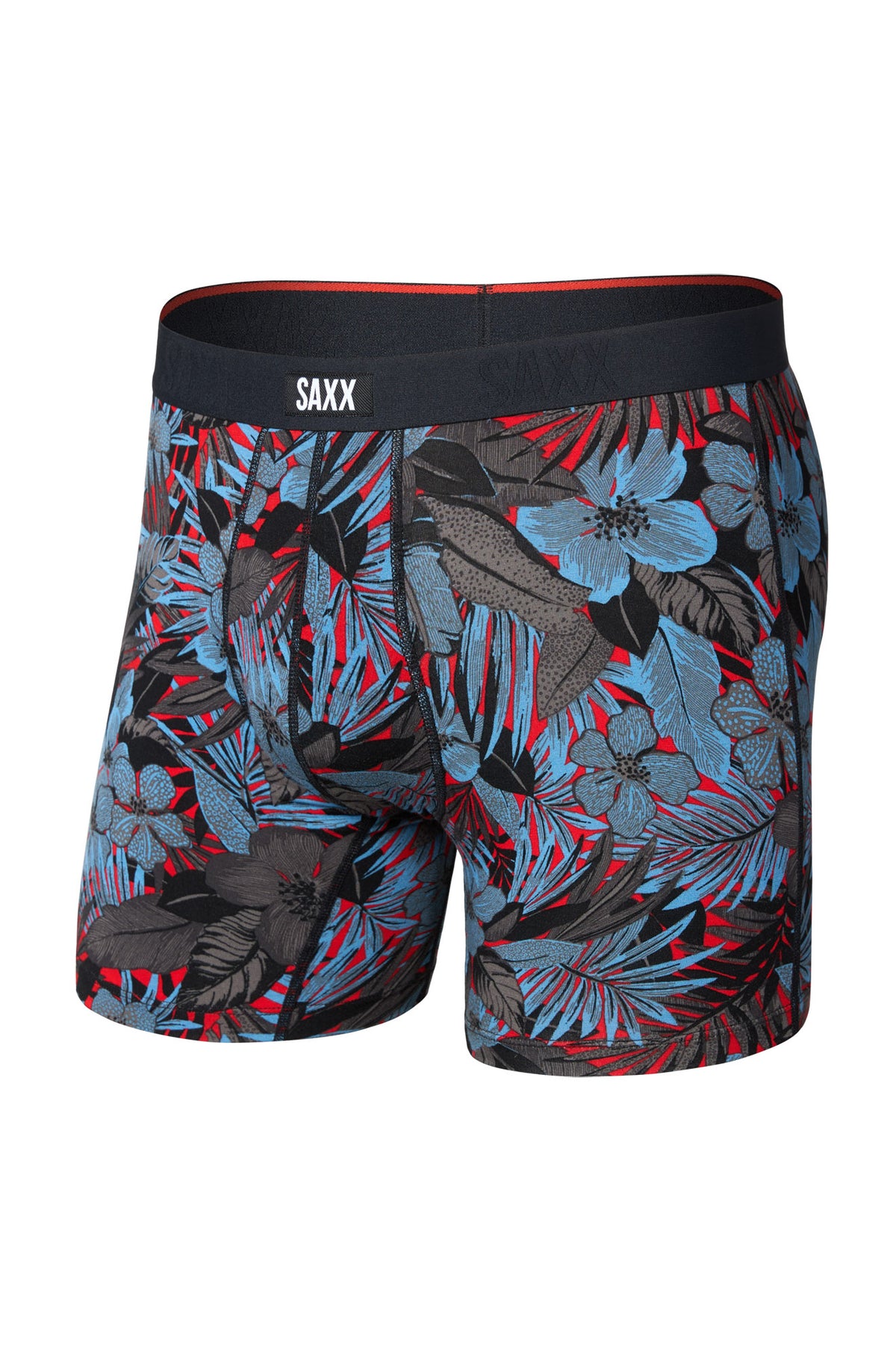 Vue avant du sous-vêtement rouge à imprimé tropical avec taille noire SAXX pour homme