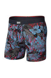 Men's red tropical floral boxer briefs with black SAXX waistband shown from the front