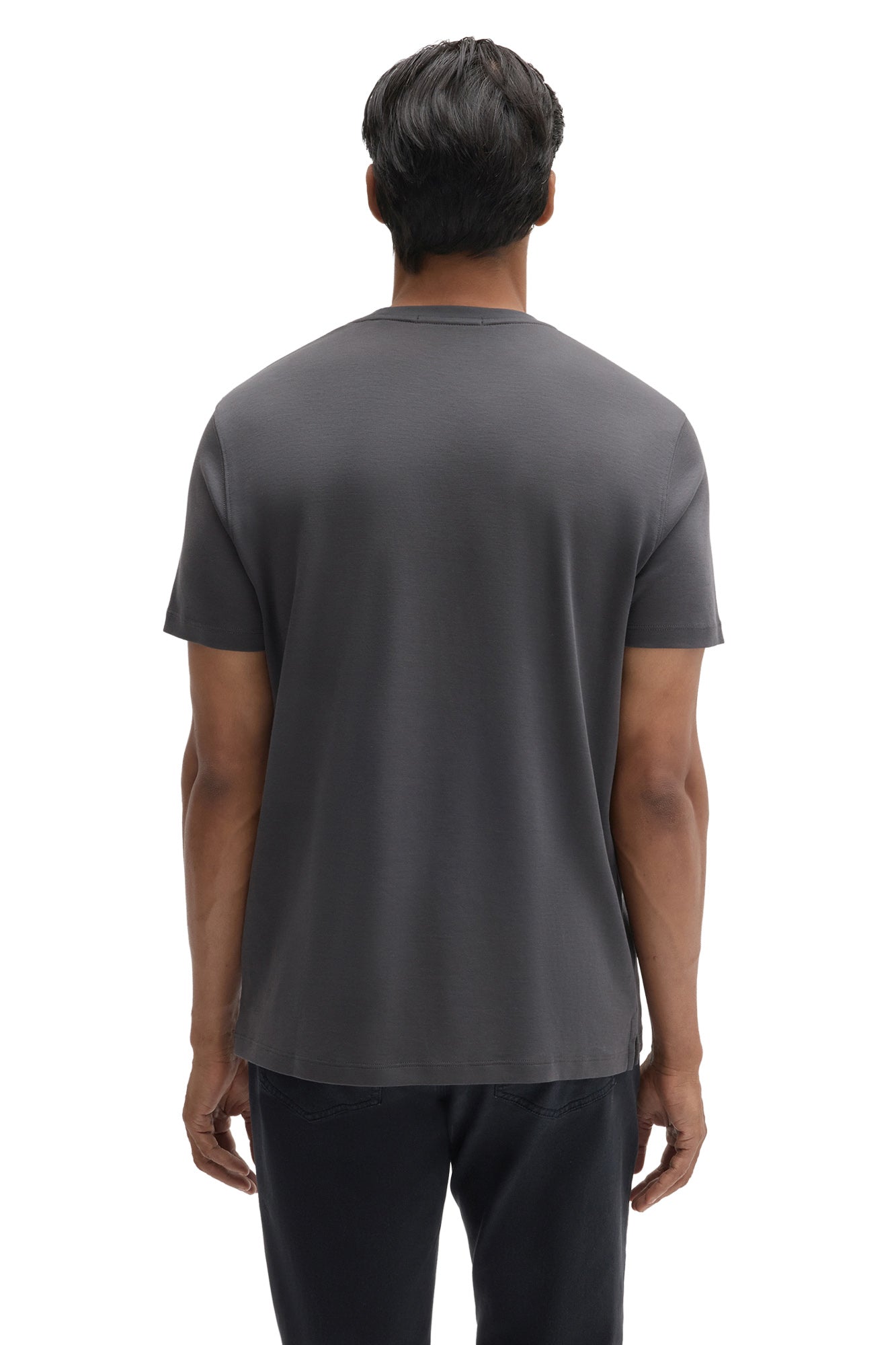Robert Barakett men's charcoal gray short sleeve crewneck T-Shirt with shoulder seams and straight hem shown from the back