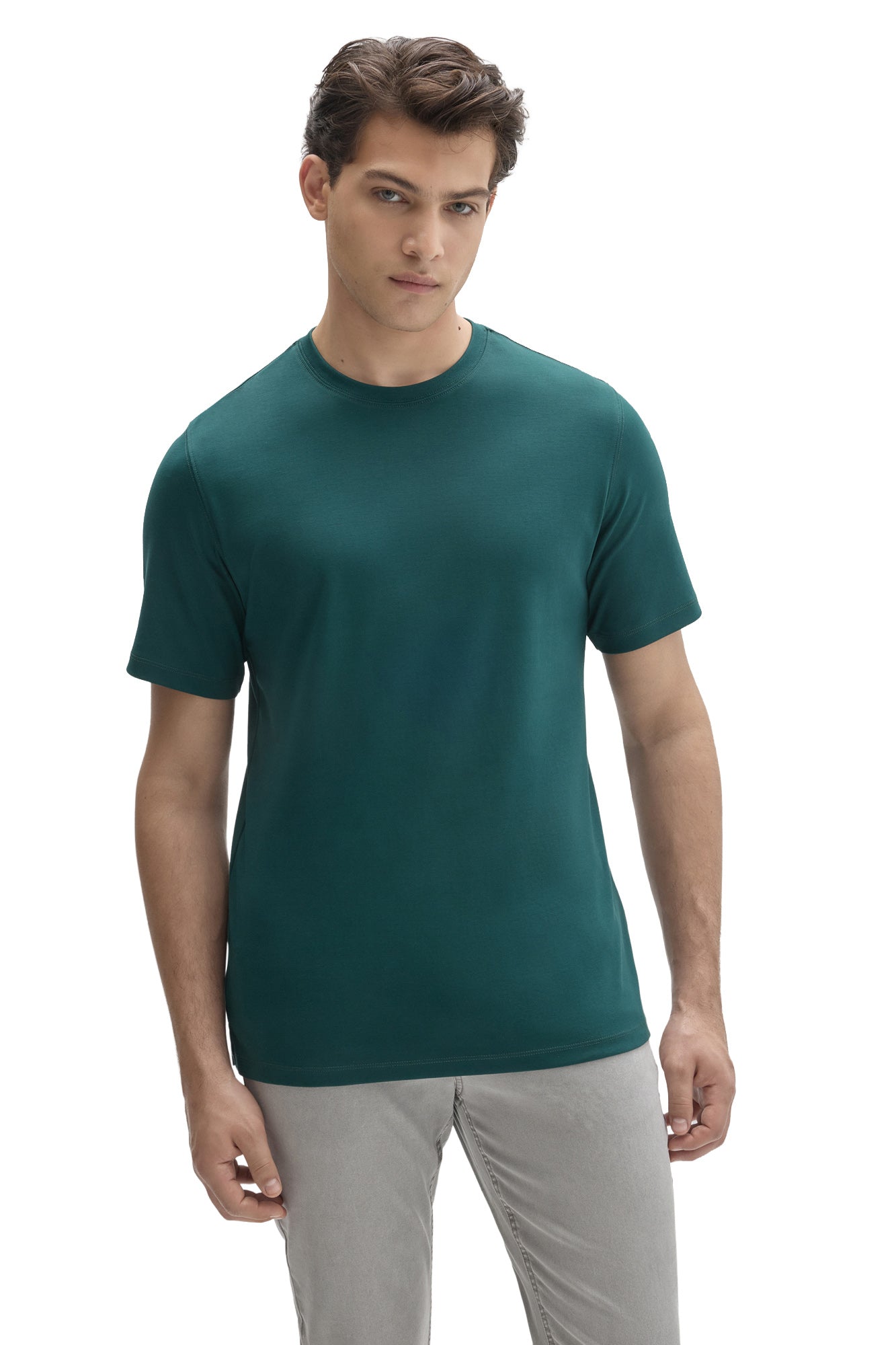Robert Barakett men's teal short sleeve crewneck T-Shirt with straight hem and tonal stitching shown from the front