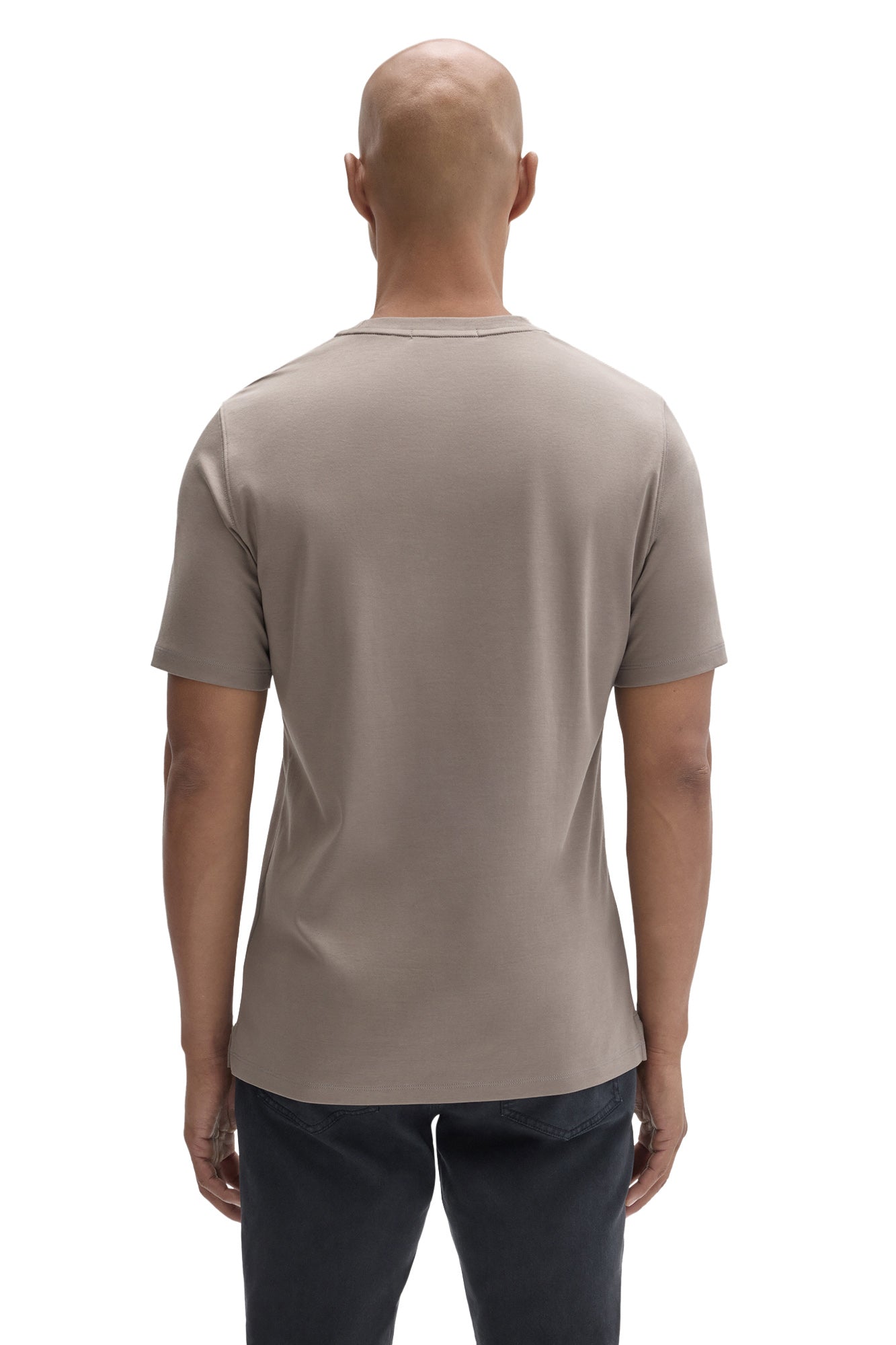 Robert Barakett men's taupe grey short sleeve crewneck T-Shirt with shoulder seams and straight hem shown from the back