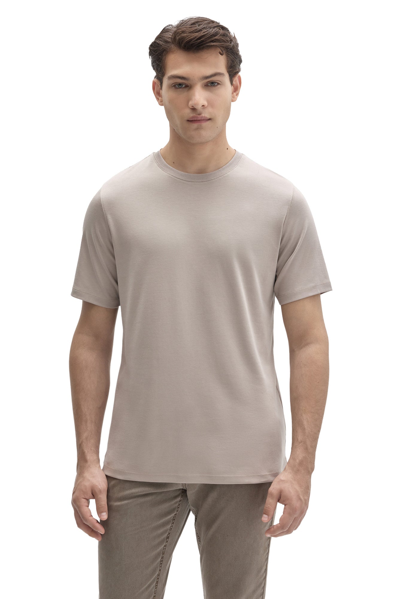 Robert Barakett men's light taupe short sleeve crewneck T-Shirt with straight stitched hem shown from the front