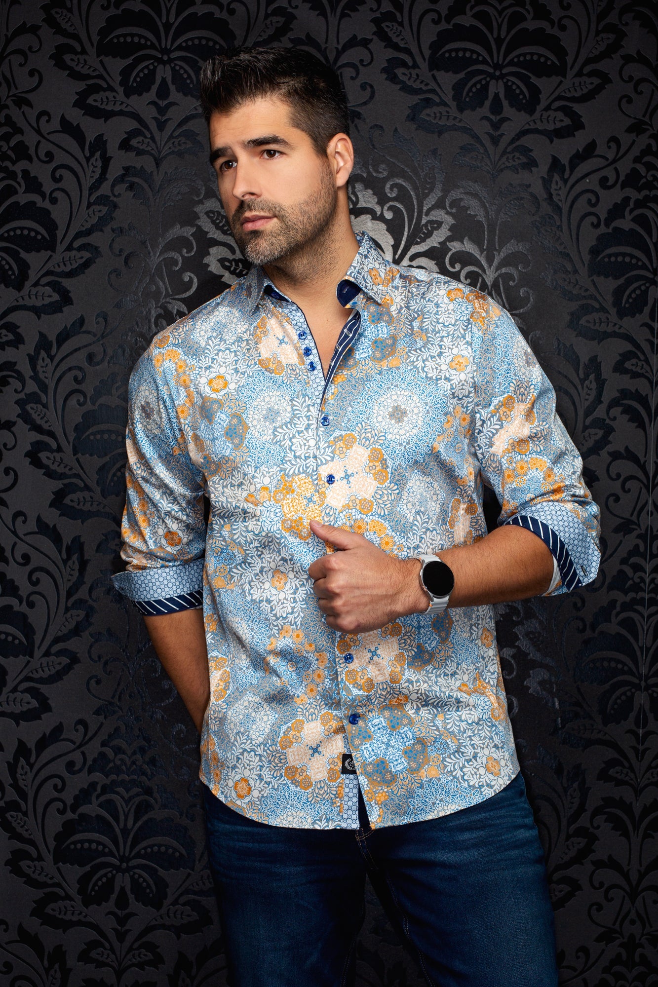 Chemise manches longues en coton extensible pour homme par Au Noir | ASHAR Cobalt | Machemise.ca, inventaire complet de la marque Au Noir
