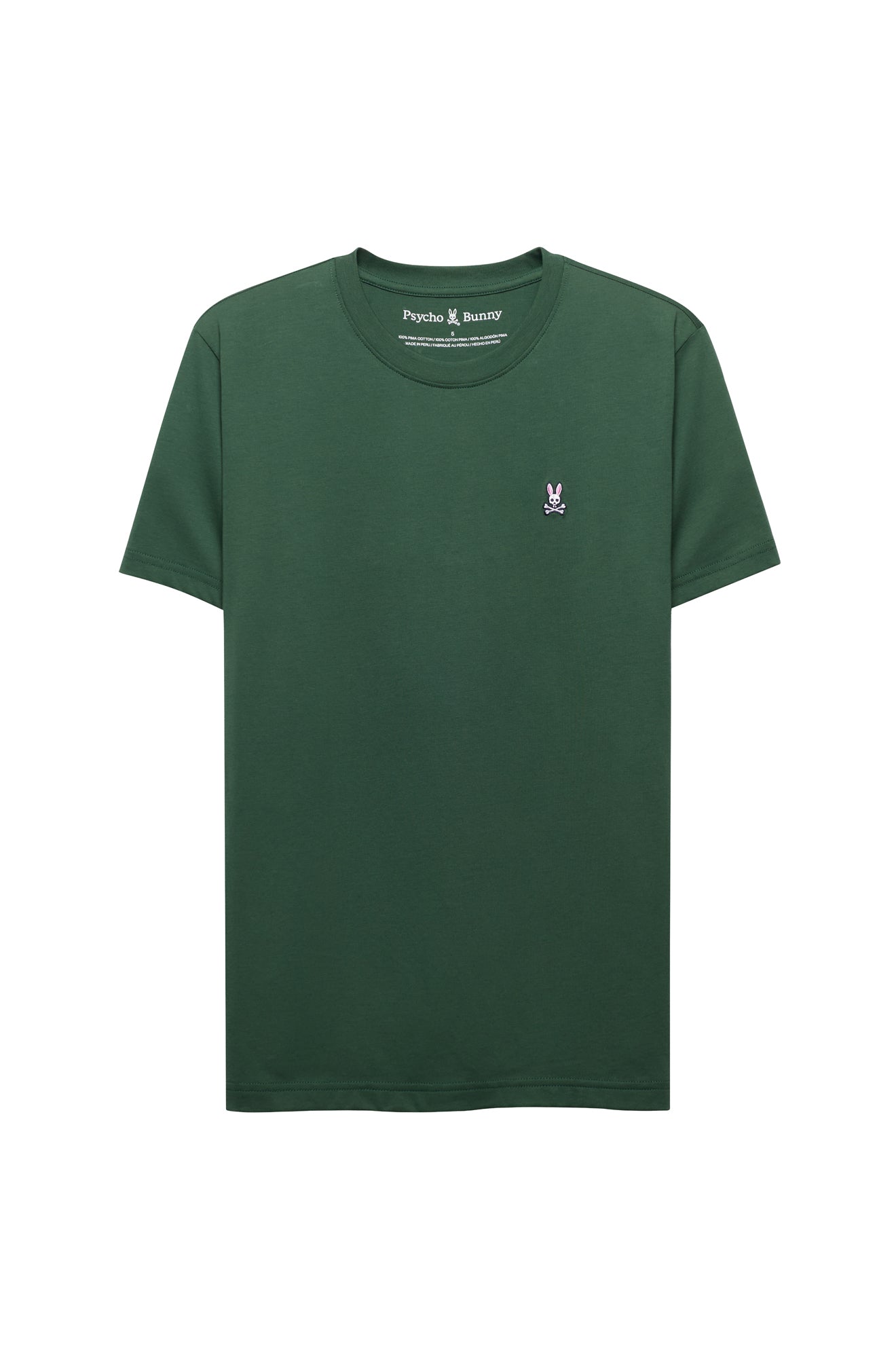 Men's dark green crewneck Short-sleeve T-Shirt with small embroidered bunny logo on chest, product view by Psycho Bunny