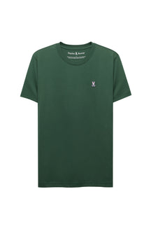 Men's dark green crewneck Short-sleeve T-Shirt with small embroidered bunny logo on chest, product view by Psycho Bunny