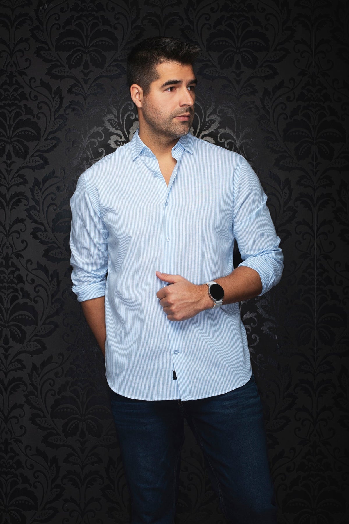 Chemise manches longues en lin pour homme par Au Noir | BERNAL Bleu | Machemise.ca, inventaire complet de la marque Au Noir