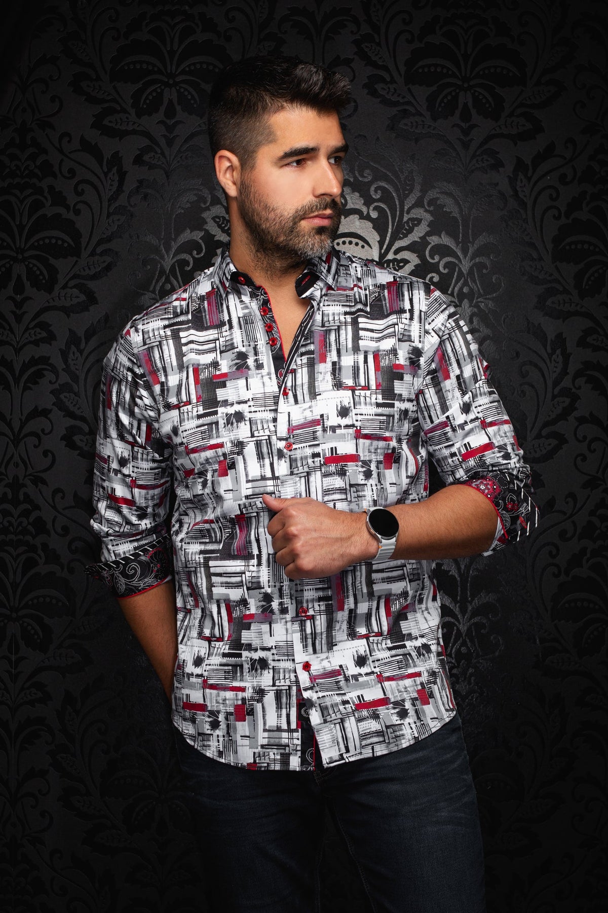 Chemise manches longues pour homme par Au Noir | BROOKLYN Blanc Rouge | Machemise.ca, inventaire complet de la marque Au Noir