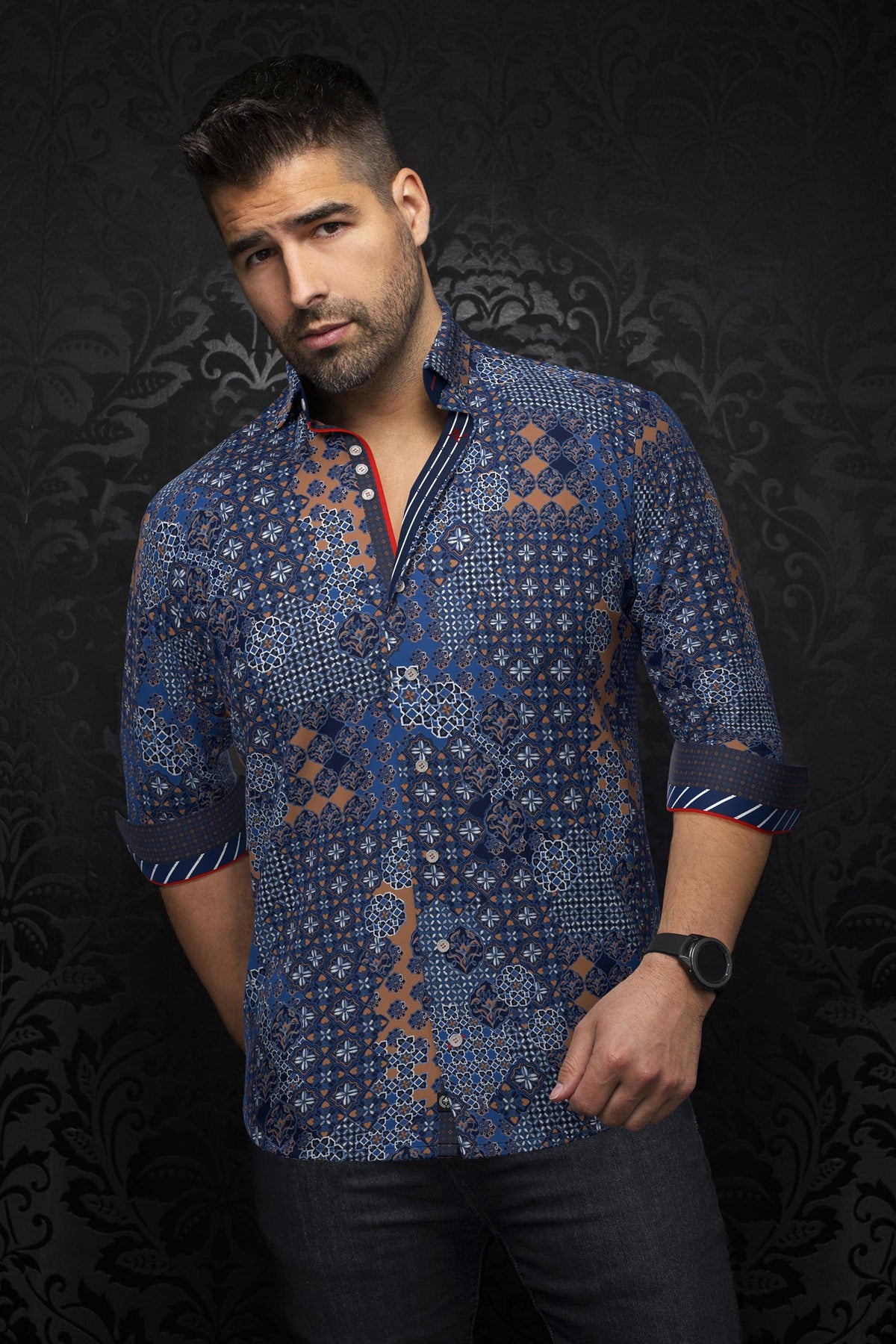Long sleeve shirt for men by Au Noir | CARLSON Navy Tobacco | Menshirt, complete inventory of the Au Noir brand
