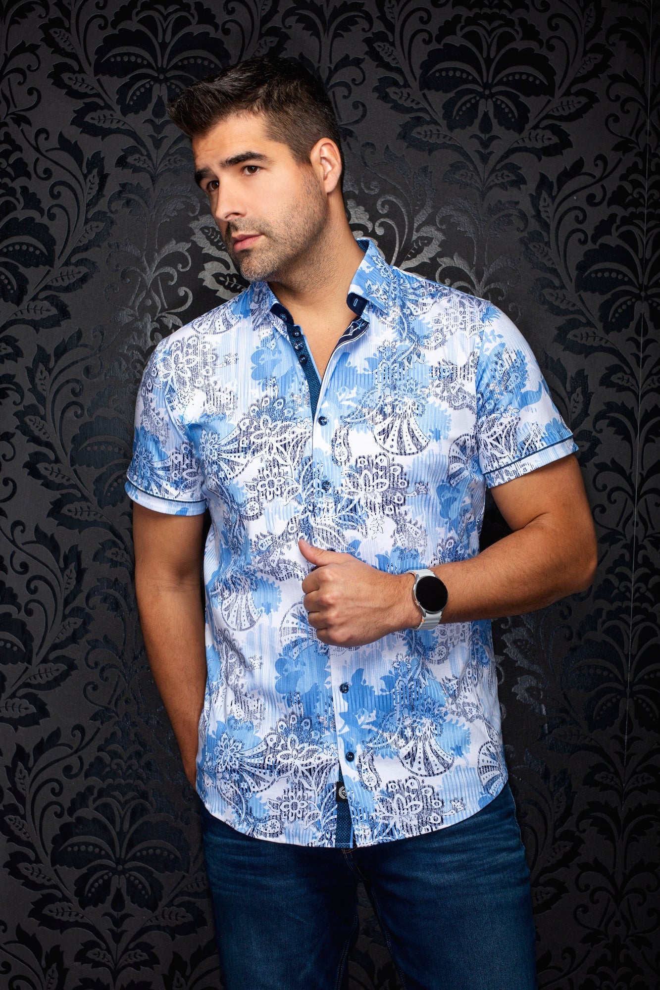 Chemise manches courtes en Knit extensible pour homme par Au Noir | CAYO (SS) Bleu Pâle | Machemise.ca, inventaire complet de la marque Au Noir