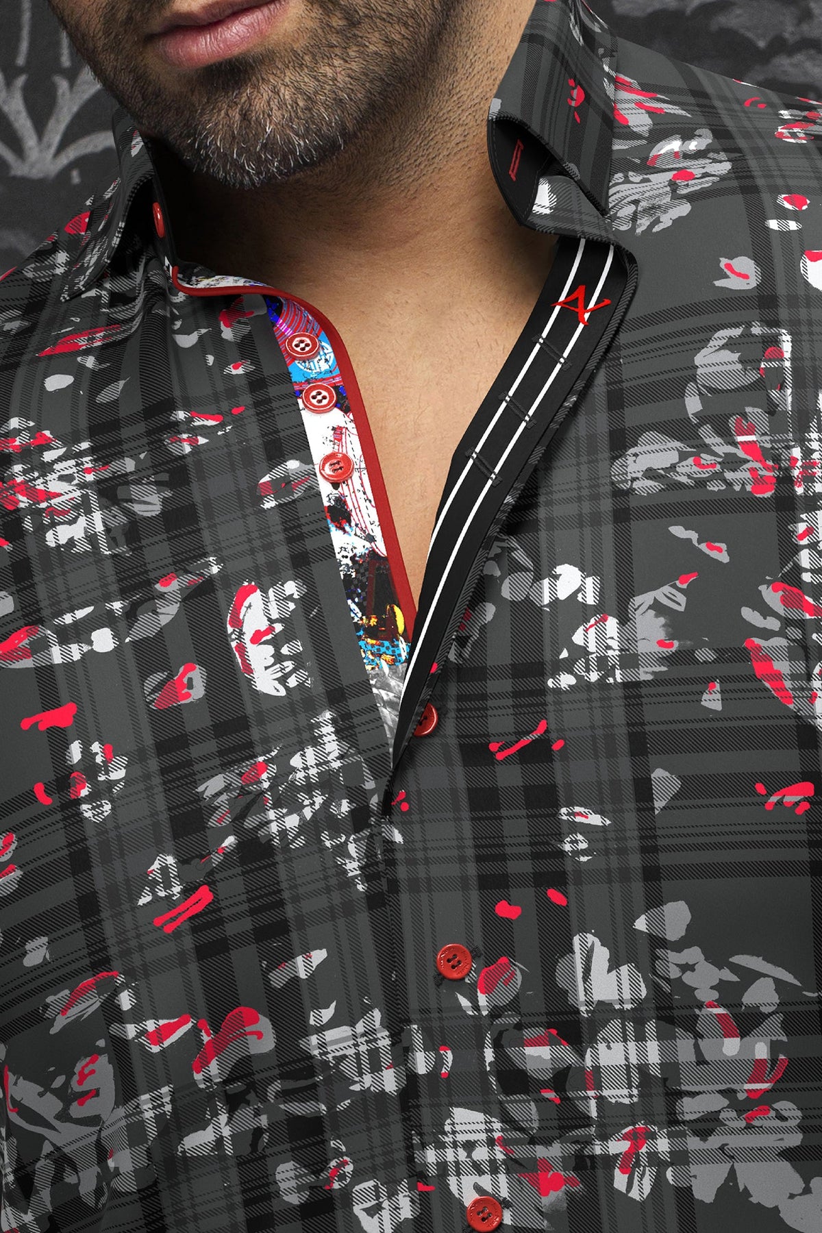 Long sleeve shirt for men by Au Noir | CONTRERAS Black Red | Menshirt, complete inventory of the Au Noir brand