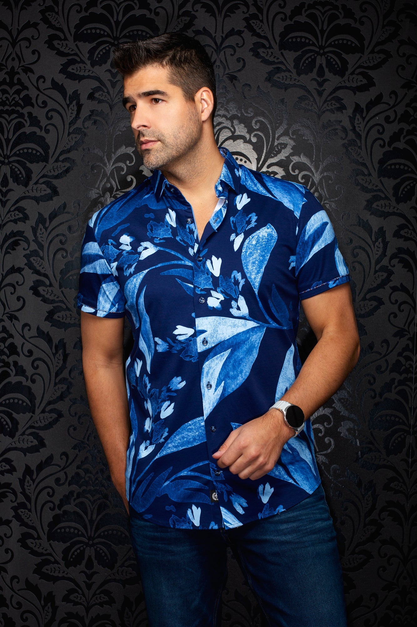 Chemise manches courtes en Knit extensible pour homme par Au Noir | DEW (SS) Marine | Machemise.ca, inventaire complet de la marque Au Noir