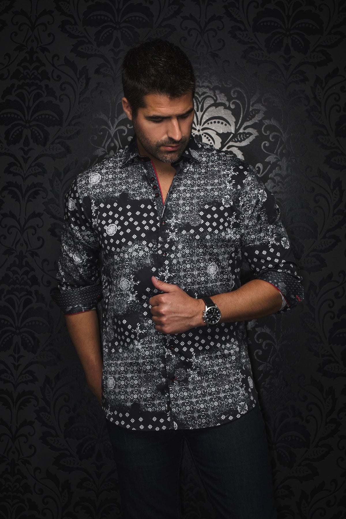 Long sleeve shirt for men by Au Noir | FLORIANI Black Red | Menshirt, complete inventory of the Au Noir brand