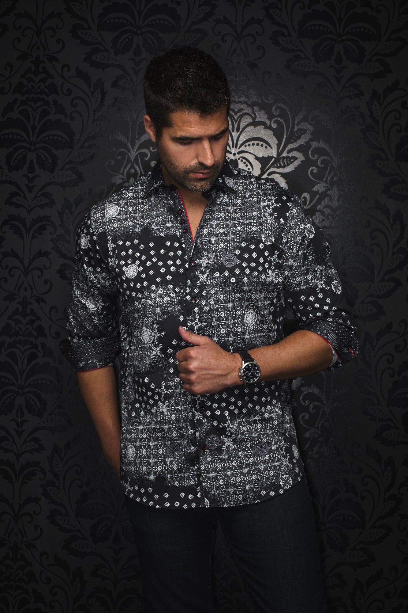 Chemise manches longues pour homme par Au Noir | FLORIANI Noir Rouge | Machemise, inventaire complet de la marque Au Noir