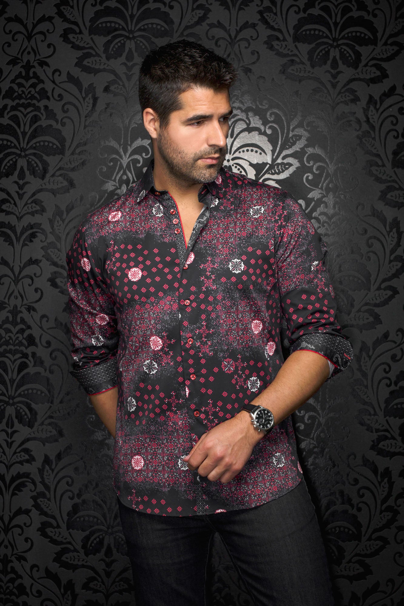 Chemise manches longues pour homme par Au Noir | FLORIANI Noir Rouge | Machemise, inventaire complet de la marque Au Noir