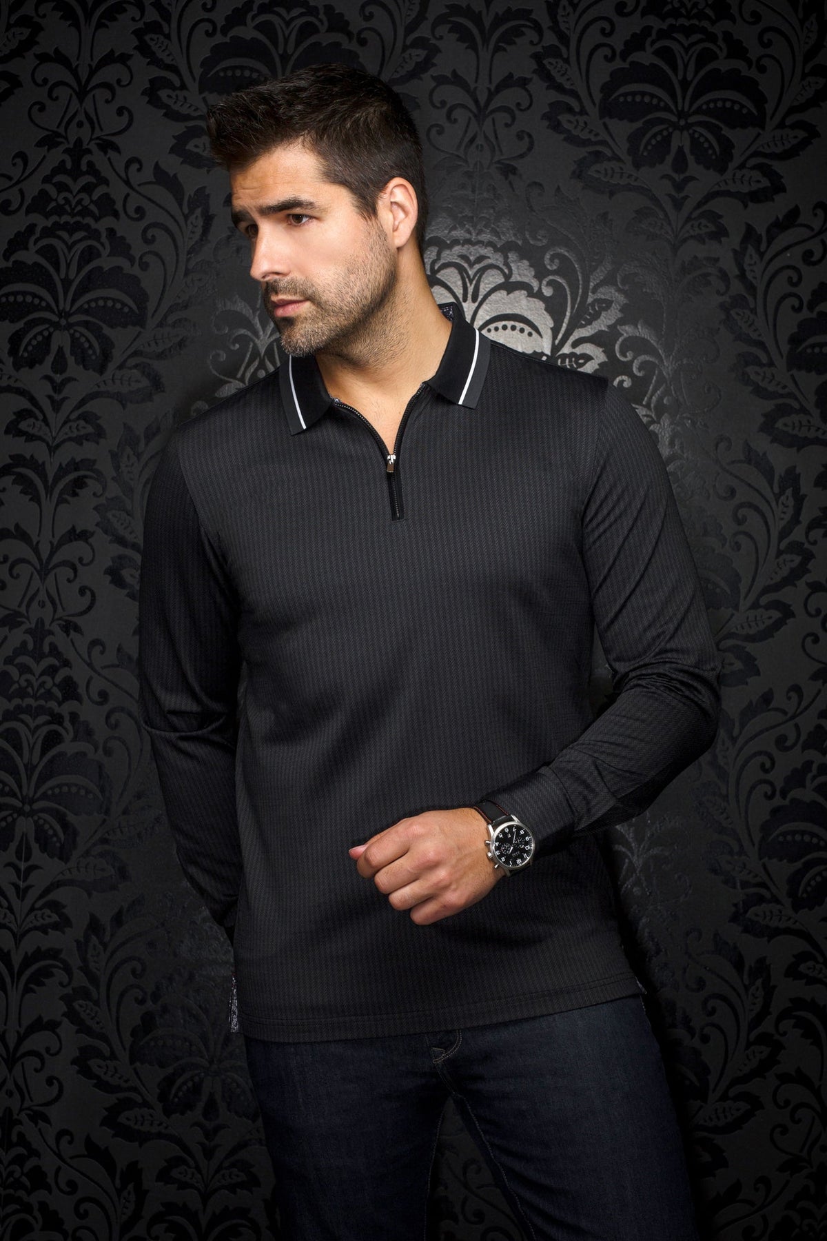 Long sleeve polo for men by Au Noir | FEDERICO Black | Menshirt, complete inventory of the Au Noir brand