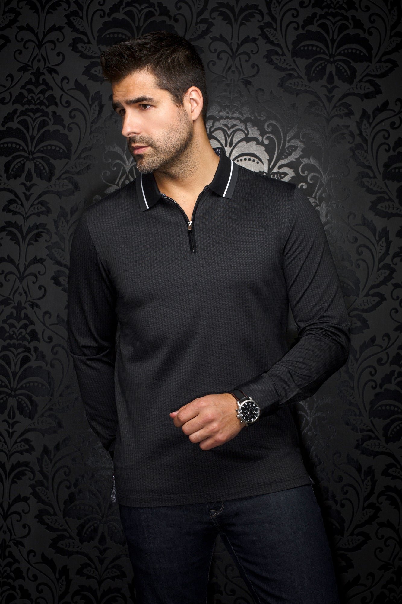 Long sleeve polo for men by Au Noir | FEDERICO Black | Menshirt, complete inventory of the Au Noir brand