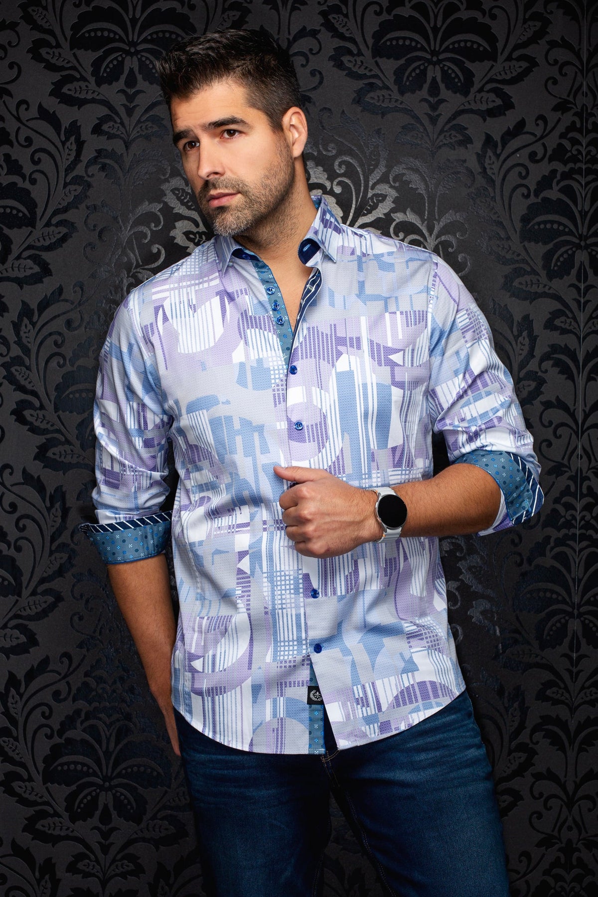 Chemise manches longues en coton extensible pour homme par Au Noir | LAJEDO Lilas | Machemise.ca, inventaire complet de la marque Au Noir