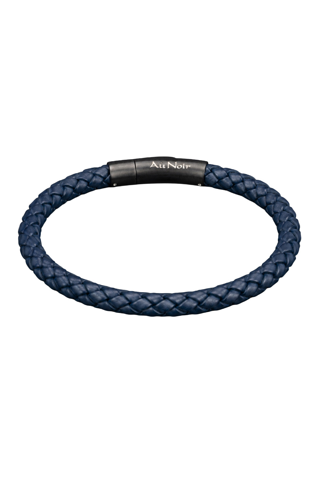 Bracelet tressé bleu marine avec fermoir noir et logo Au Noir blanc, vue produit isolée pour homme