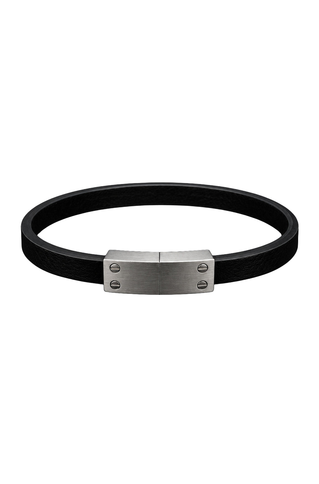 Bracelet noir avec fermoir argent brossé et détails de vis, vue produit isolée pour homme par Au Noir