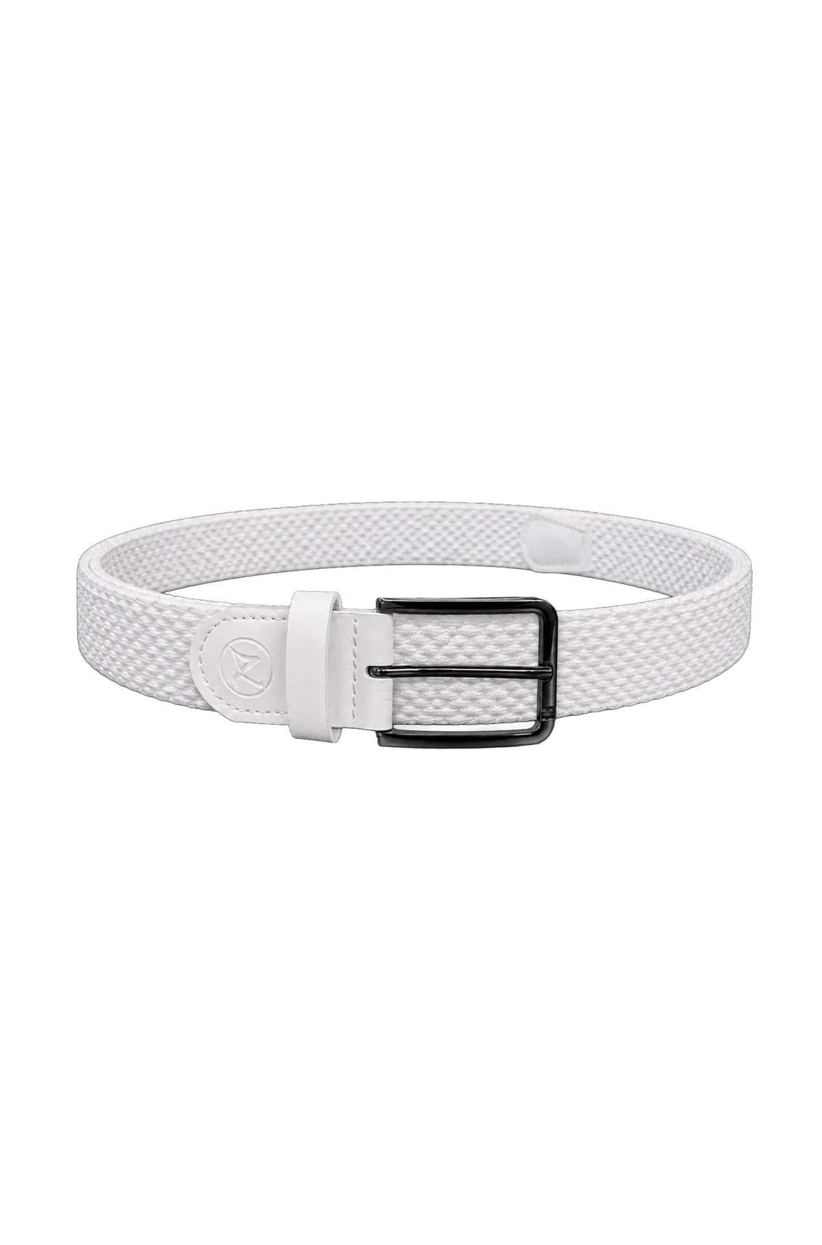 Ceinture blanche tressée avec boucle rectangulaire noire et garniture ton sur ton, vue produit pour homme par Au Noir