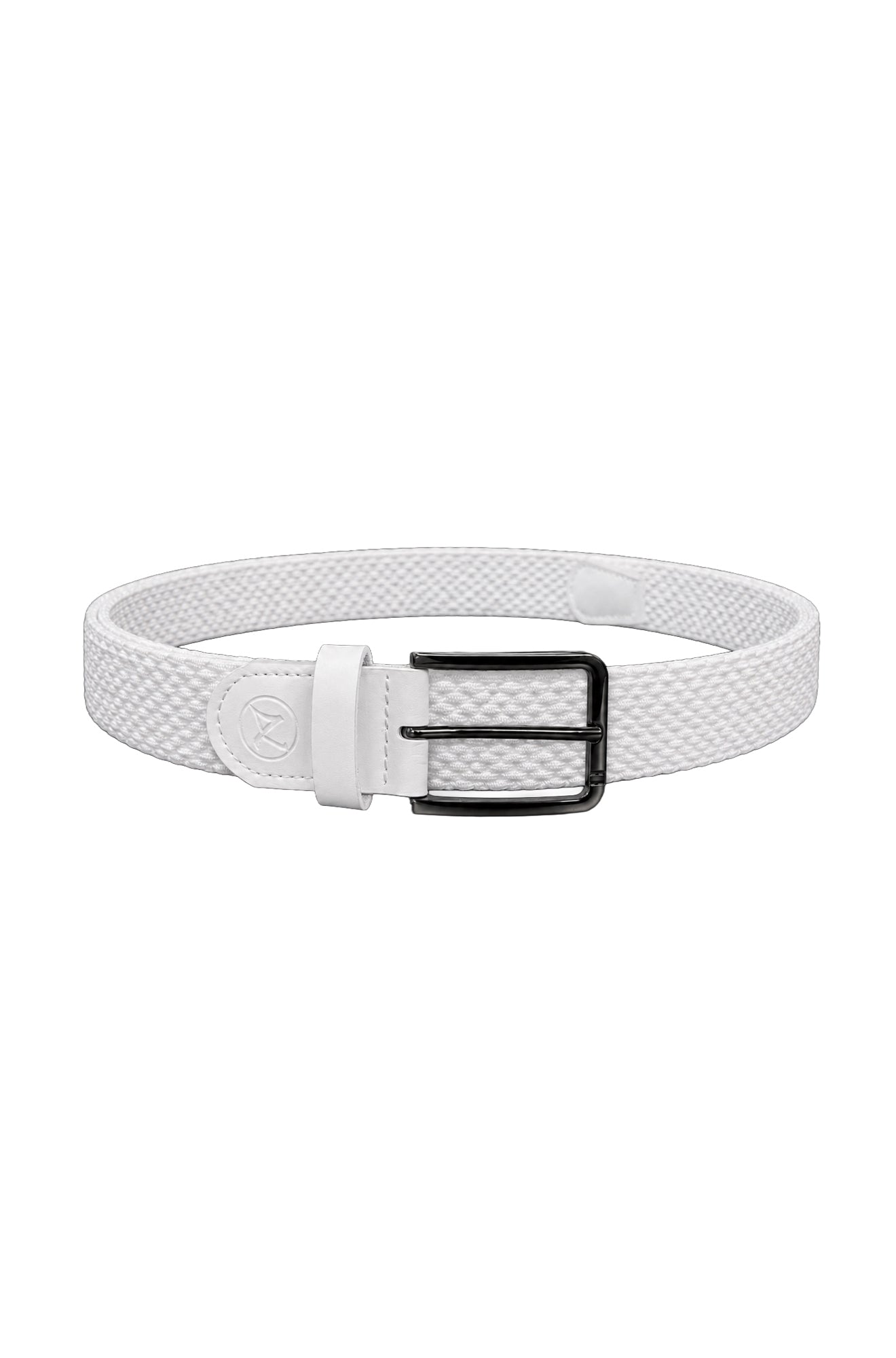 Ceinture blanche tressée avec boucle rectangulaire noire et garniture ton sur ton, vue produit pour homme par Au Noir