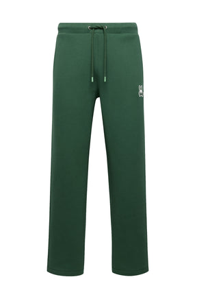 Psycho Bunny men's dark green wide-leg sweatpants with bunny logo patch and drawstring waist shown from the front