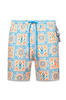 Short de bain crème avec cordon bleu et motif carreaux orange et bleu pour homme par Psycho Bunny, vue avant