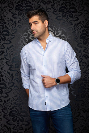 Chemise manches longues en lin pour homme par Au Noir | MENDELSOHN Bleu | Machemise.ca, inventaire complet de la marque Au Noir