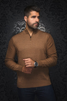 Chandail manches longues zip 1/4 en laine mérino pour homme par Au Noir | MESTA_QZ Chameau | Machemise, inventaire complet de la marque Au Noir