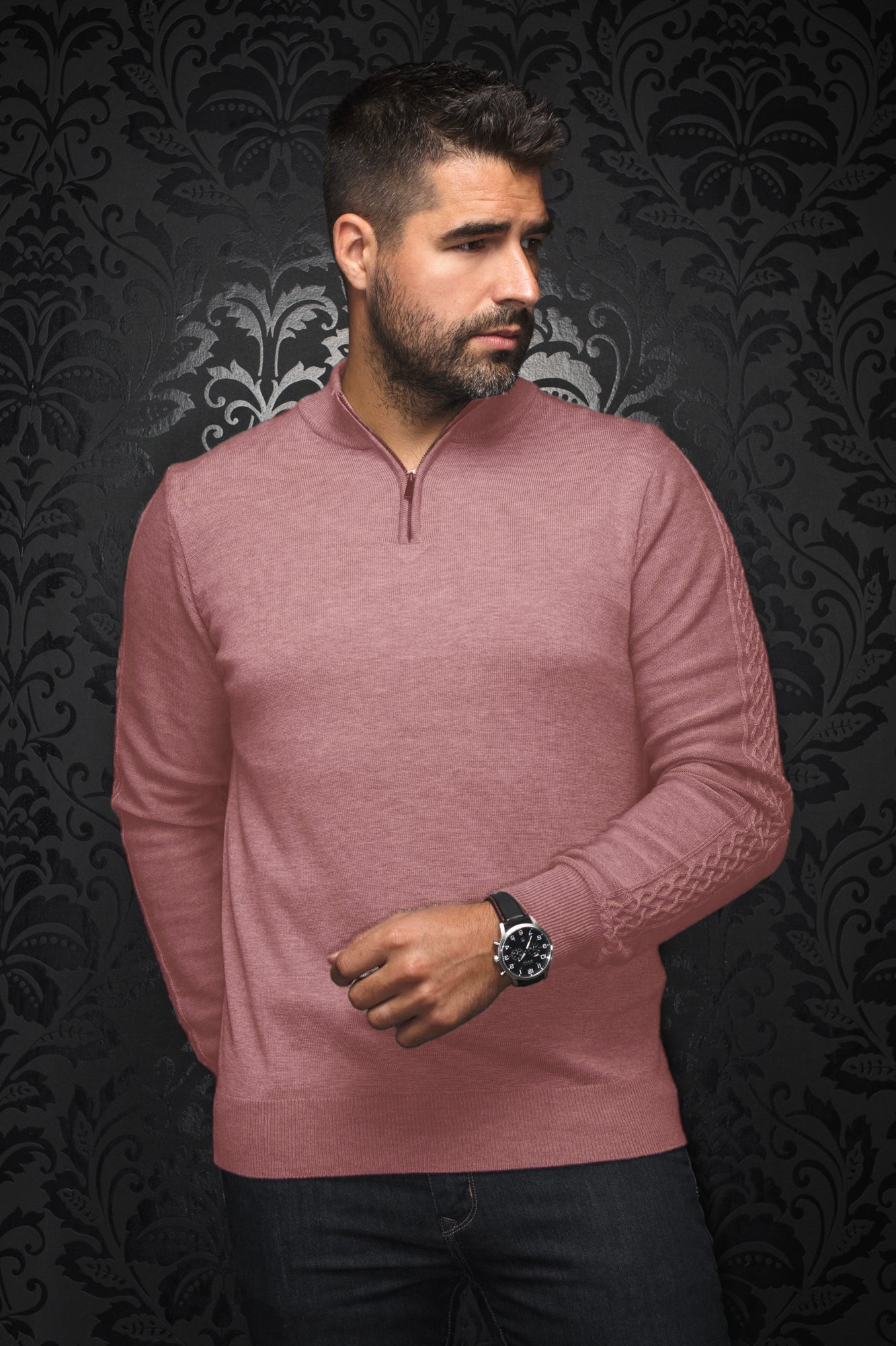 Chandail zip 1/4 en laine mérino pour homme par Au Noir | MESTA Bois De Rose | Machemise.ca, inventaire complet de la marque Au Noir