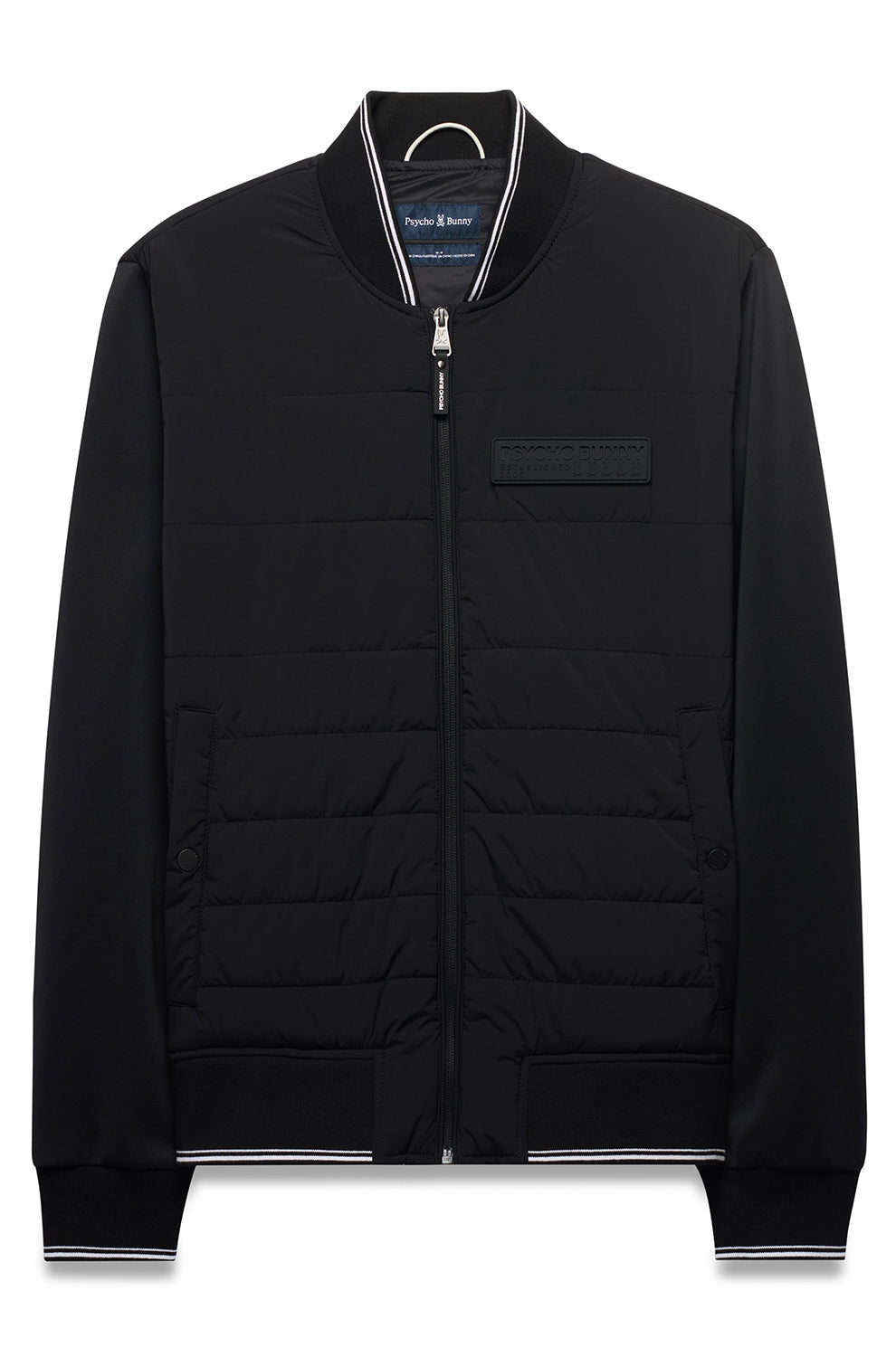 Veste coupe-vent mi-saison noire zippé à devant matelassé, col, poignets pour homme par Psycho Bunny, vue produit