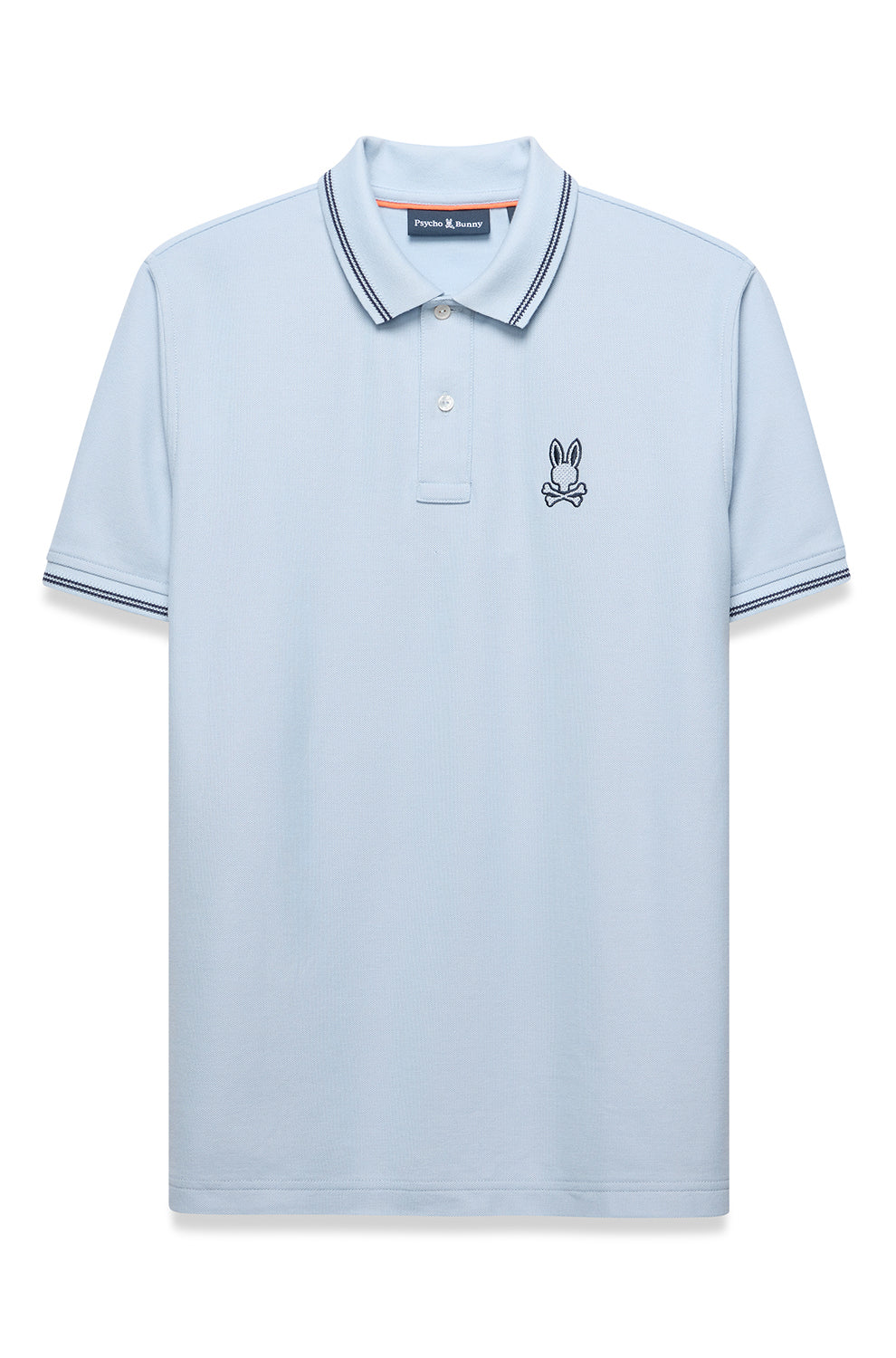 Vue de face d’un polo bleu pâle avec col et poignets rayés, patte boutonnée et logo poitrine pour homme par Psycho Bunny