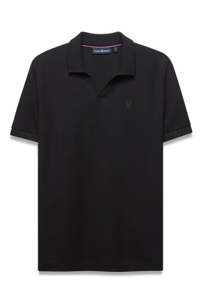 Men's black polo front view with ribbed collar, open placket, tonal chest logo and pink neck trim by Psycho Bunny