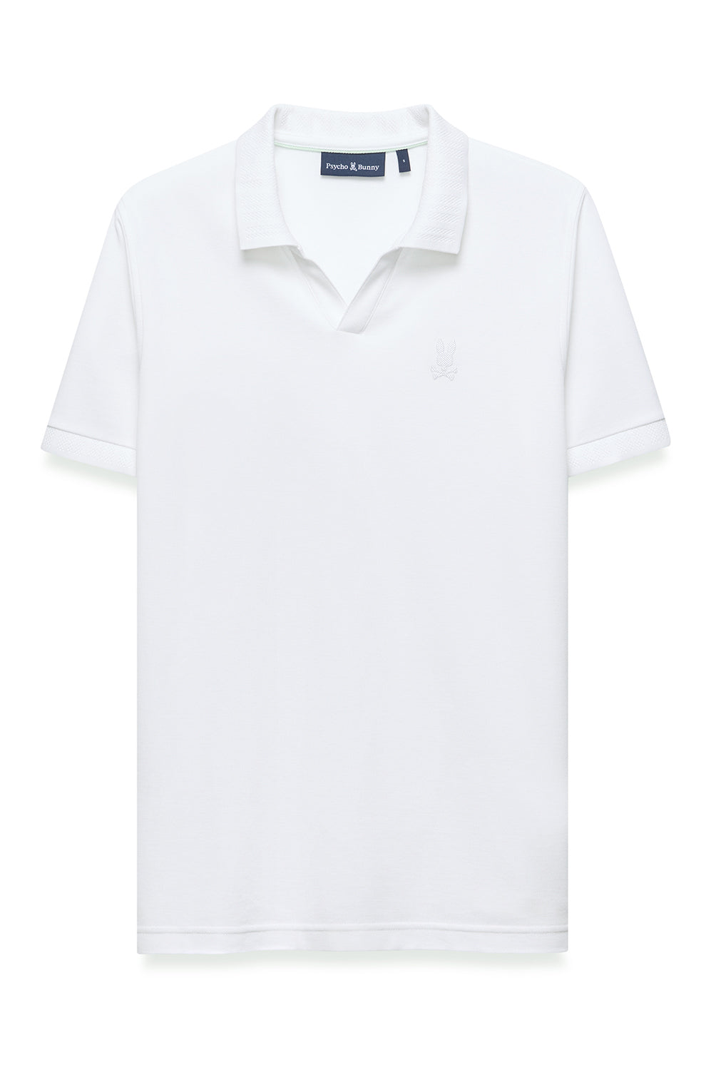 Polo blanc à manches courtes, vue de face, avec col côtelé et logo ton sur ton pour homme par Psycho Bunny