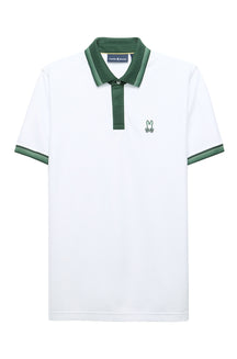 Polo blanc à manches courtes avec bordures verts, patte et col, vue produit pour homme par Psycho Bunny