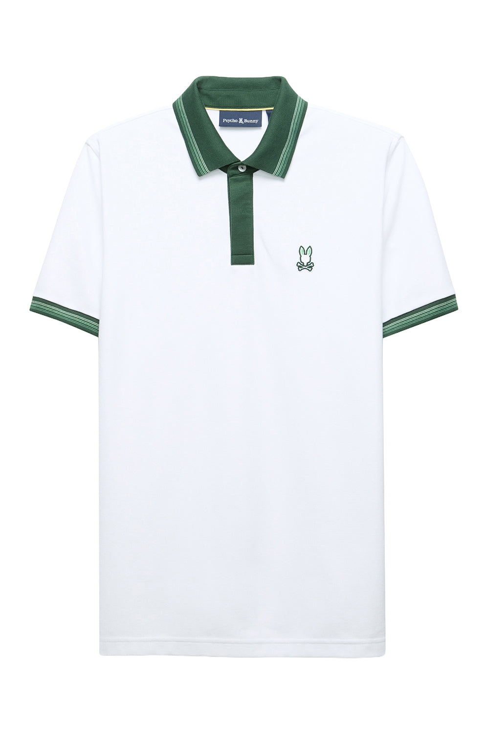 Polo blanc à manches courtes avec bordures verts, patte et col, vue produit pour homme par Psycho Bunny